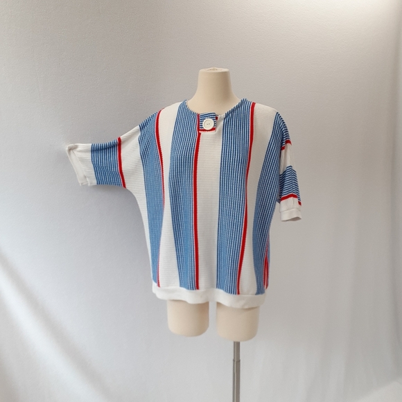 La Rose pullover 70s vintage sweater red white blue stripe dolman elbow sleeve - Picture 7 of 9
